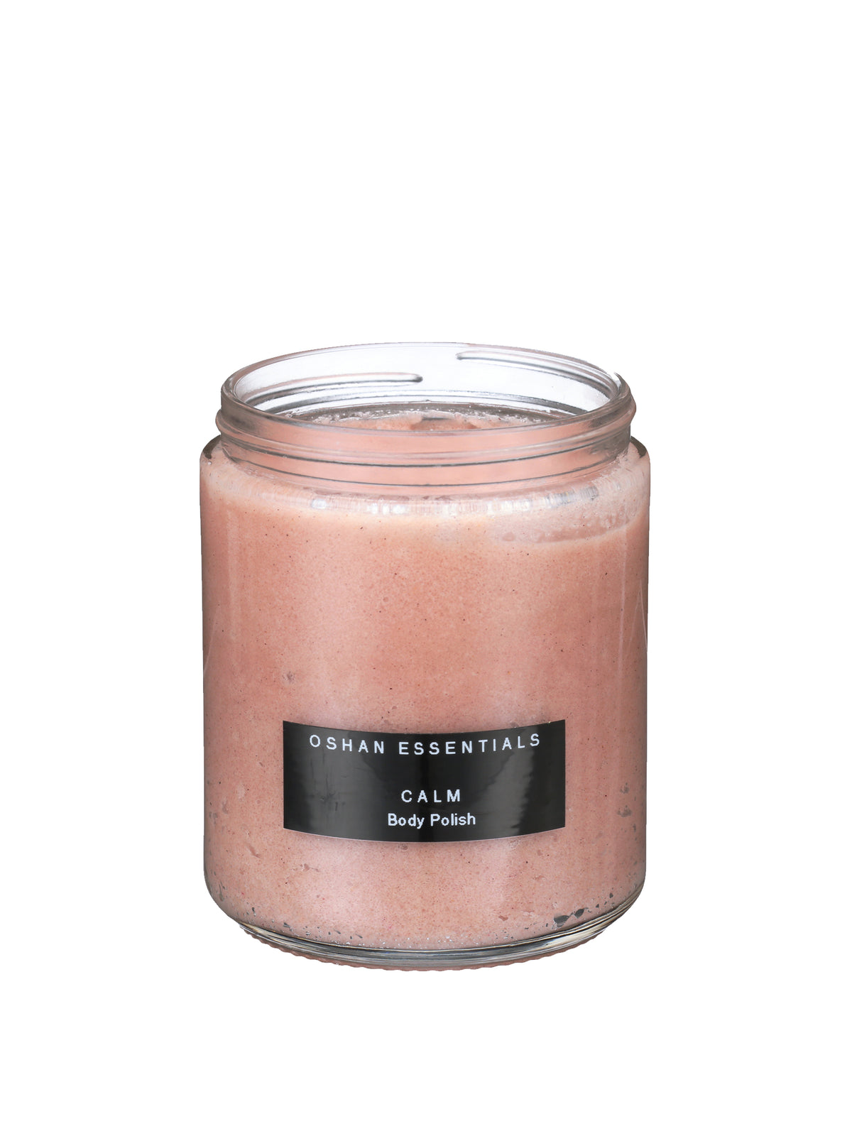 Open glass jar of rose-colored OSHAN CALM ʻĀKALA Body Polish on white.