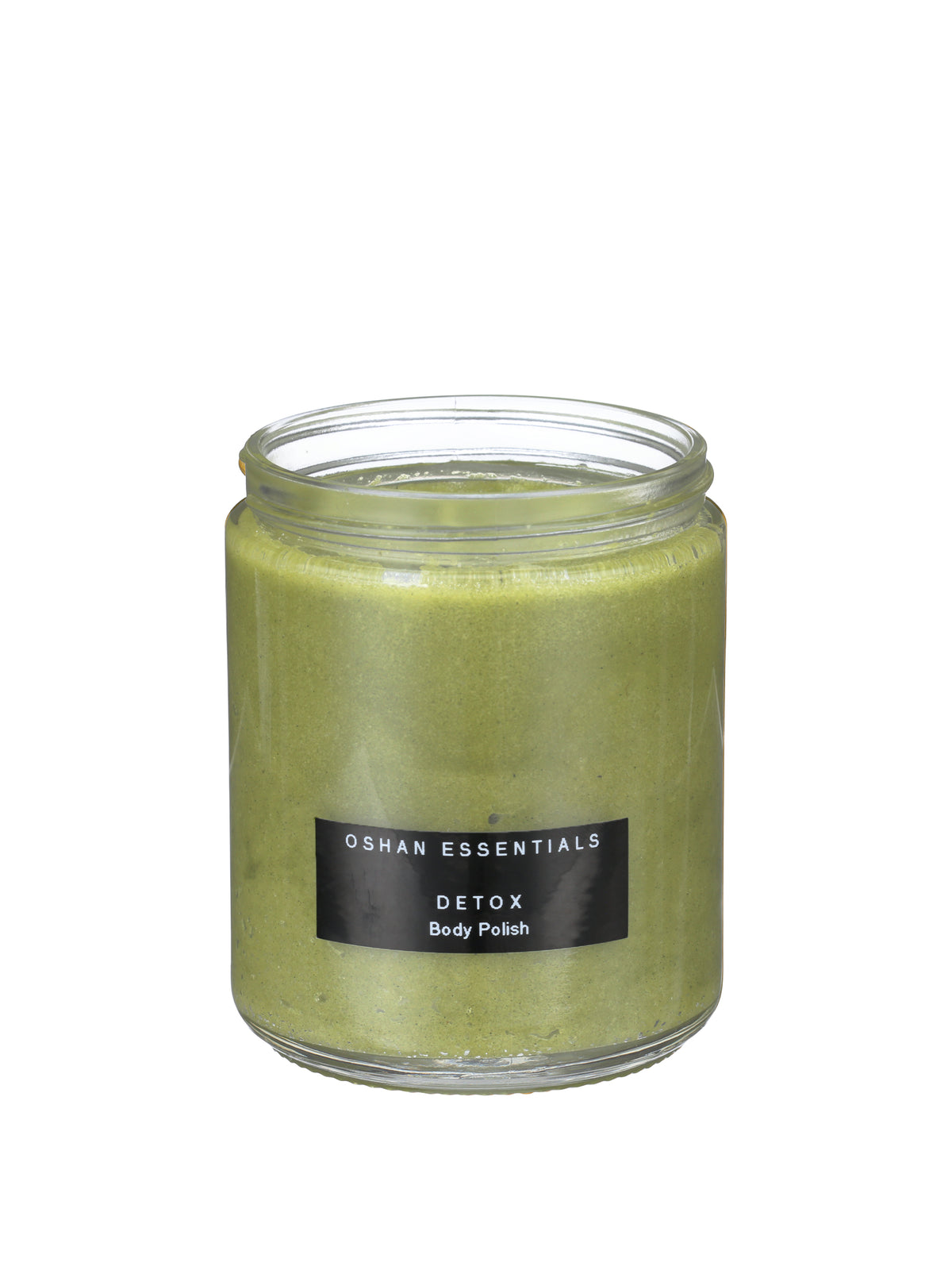 Open glass jar of green OSHAN DETOX ʻŌMAʻOMAʻO Body Polish on white.