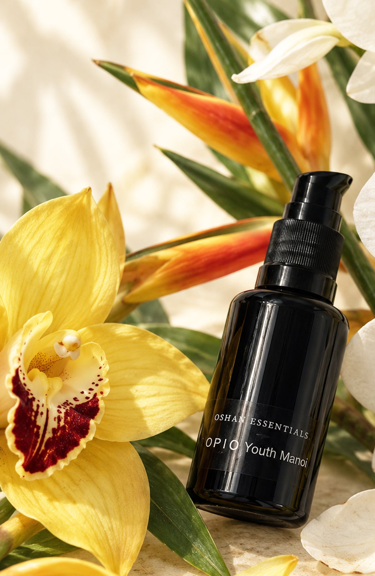 A bottle of ʻŌPIO Youth Manoʻi among yellow orchids and bird of paradise flowers