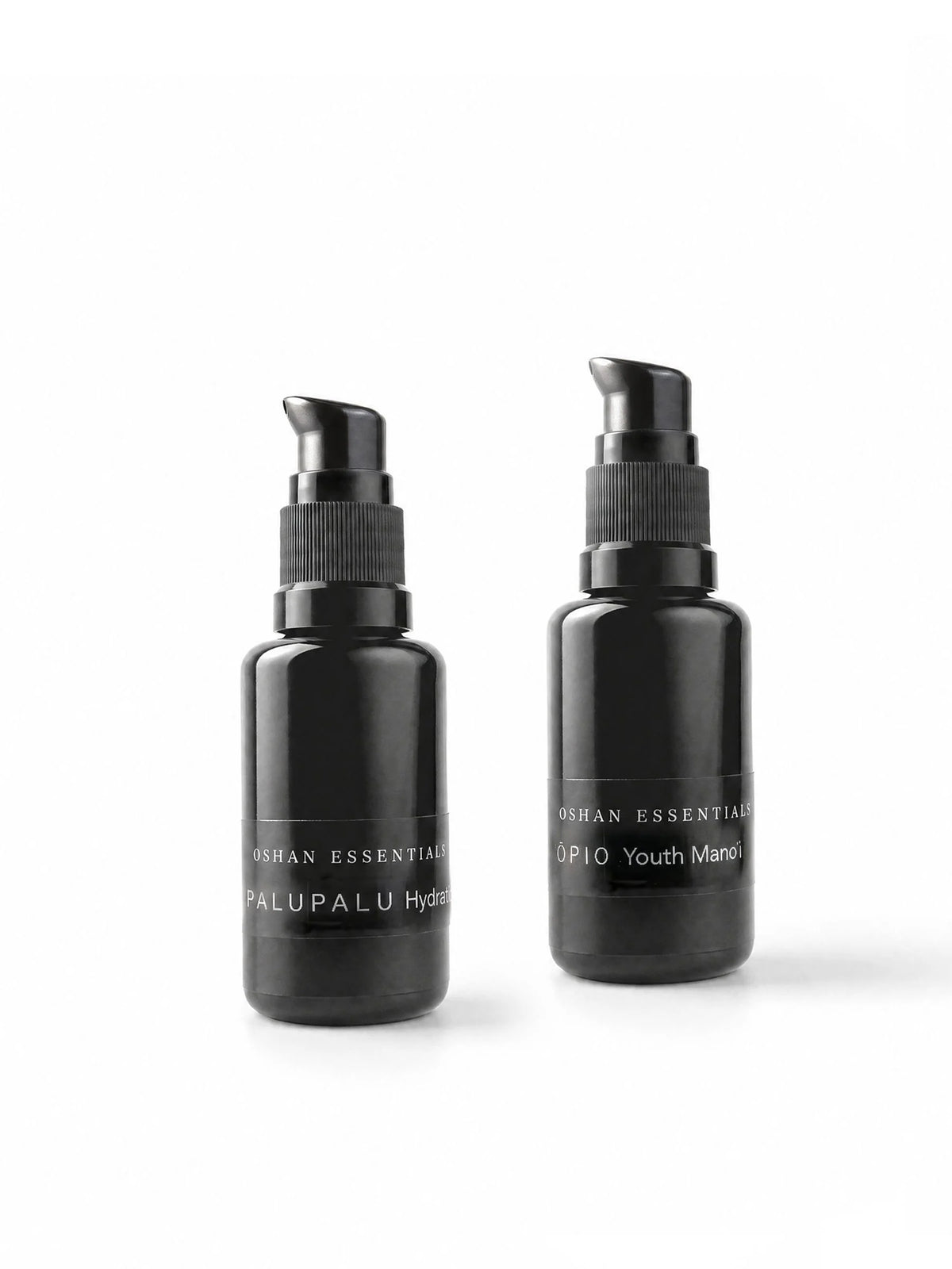 OSHAN Absolute Hydration Set, the PALUPALU serum bottle and the ʻŌPIO face oil bottle on a white background.