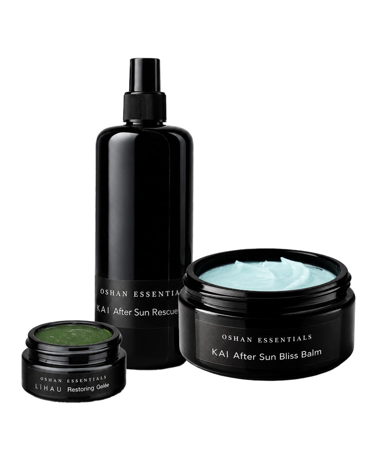 OSHAN After Sun Rescue Set with the KAI Rescue Milk bottle, the KAI Bliss Balm jar and the LĪHAU Gelée jar.