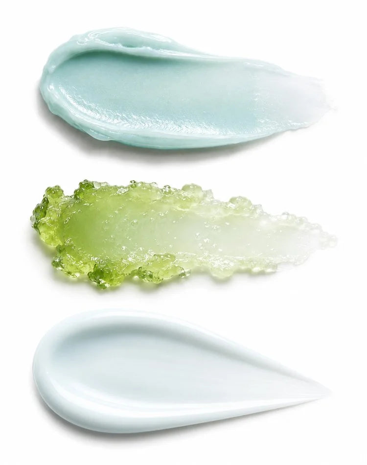 Swatches of the milk, the green gelée and the after sun balm from the OSHAN After Sun Rescue Set.