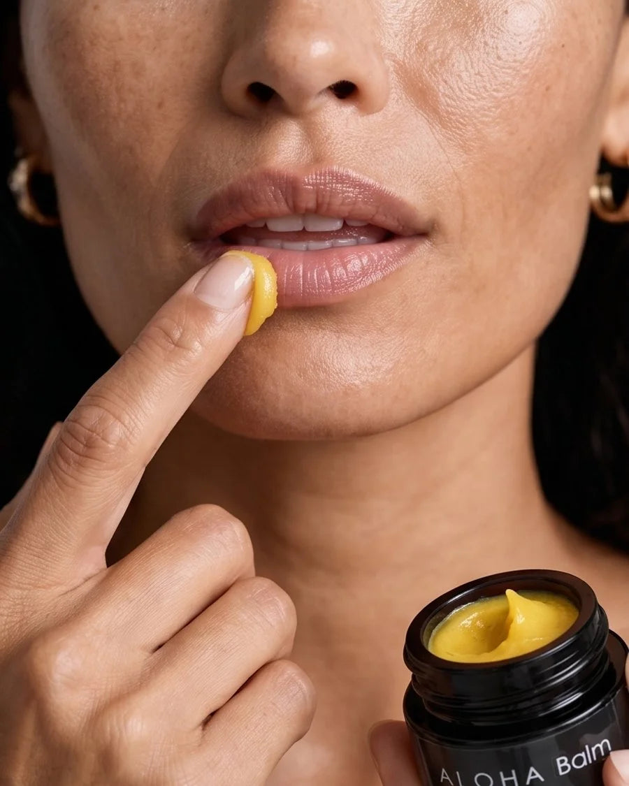 Model applying OSHAN ALOHA Lip Vitality Balm to her lips, open jar in frame.