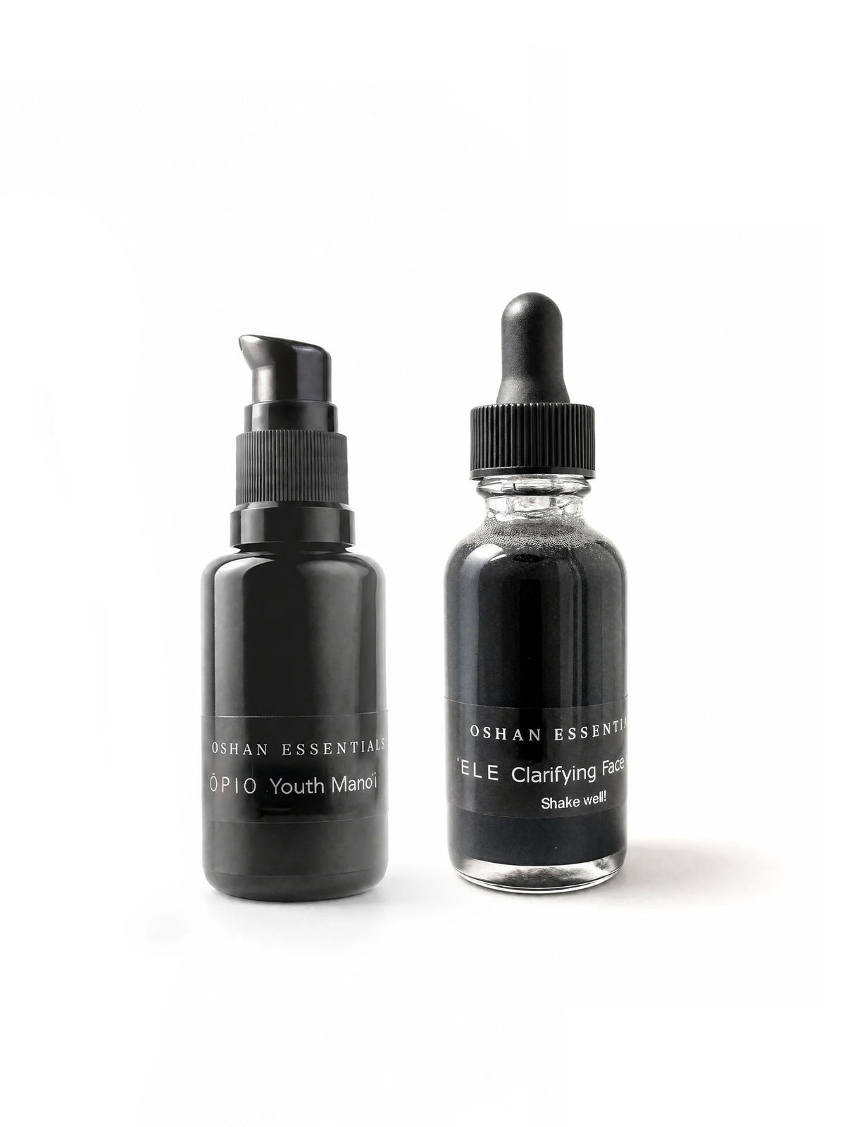 OSHAN BASIC Set with the ʻŌPIO Youth Manoʻi bottle and the ʻELE Clarifying Face Wash dropper bottle.