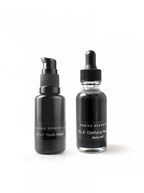 OSHAN BASIC Set with the ʻŌPIO Youth Manoʻi bottle and the ʻELE Clarifying Face Wash dropper bottle.