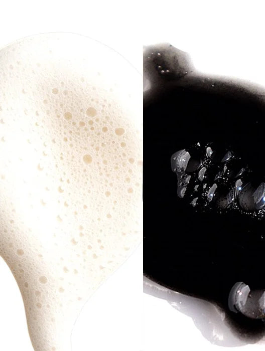 Texture swatches from the OSHAN BASIC Set, cleansing foam next to black charcoal wash.