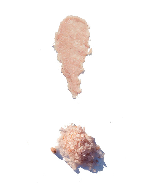 Pink salt polish and soak texture swatches from the OSHAN CALM ʻĀKALA Bath Set.