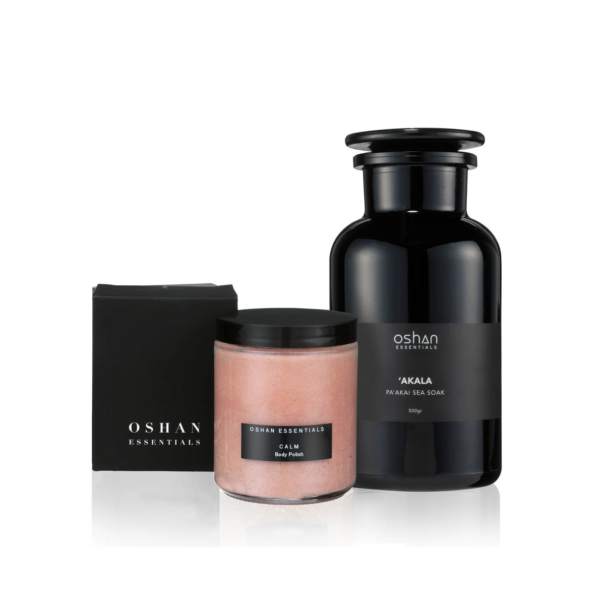 OSHAN CALM ʻĀKALA Bath Set with the hibiscus body polish jar, the ʻĀKALA sea soak bottle and its box.