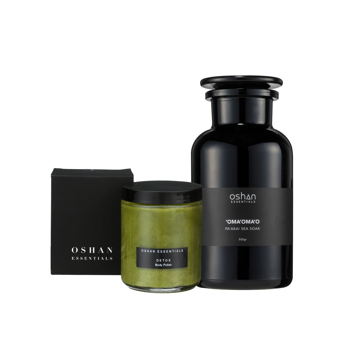 OSHAN DETOX ʻŌMAʻOMAʻO Bath Set with the green body polish jar, the ʻŌMAʻOMAʻO sea soak bottle and its box.