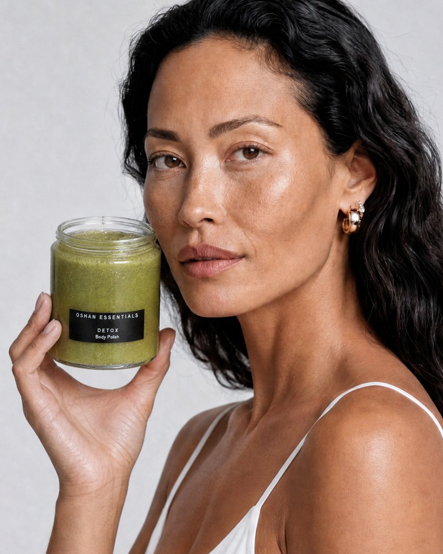 Model holding the OSHAN DETOX ʻŌMAʻOMAʻO Body Polish jar at her shoulder.