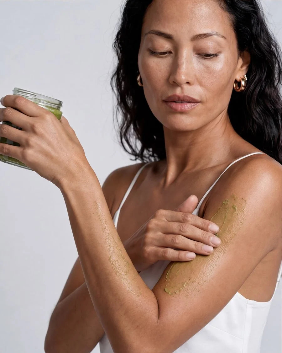 Model scrubbing OSHAN DETOX ʻŌMAʻOMAʻO Body Polish along her arm, jar in hand.