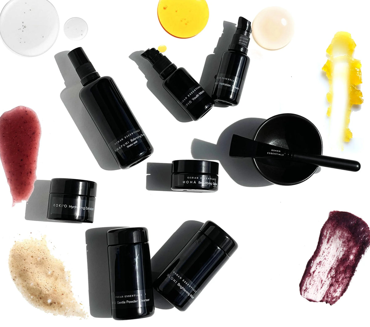 The invigorating direction of the OSHAN Full Facial Ritual Set with its bottles, jars and texture swatches.