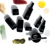 The restoring direction of the OSHAN Full Facial Ritual Set with its bottles, jars and texture swatches.