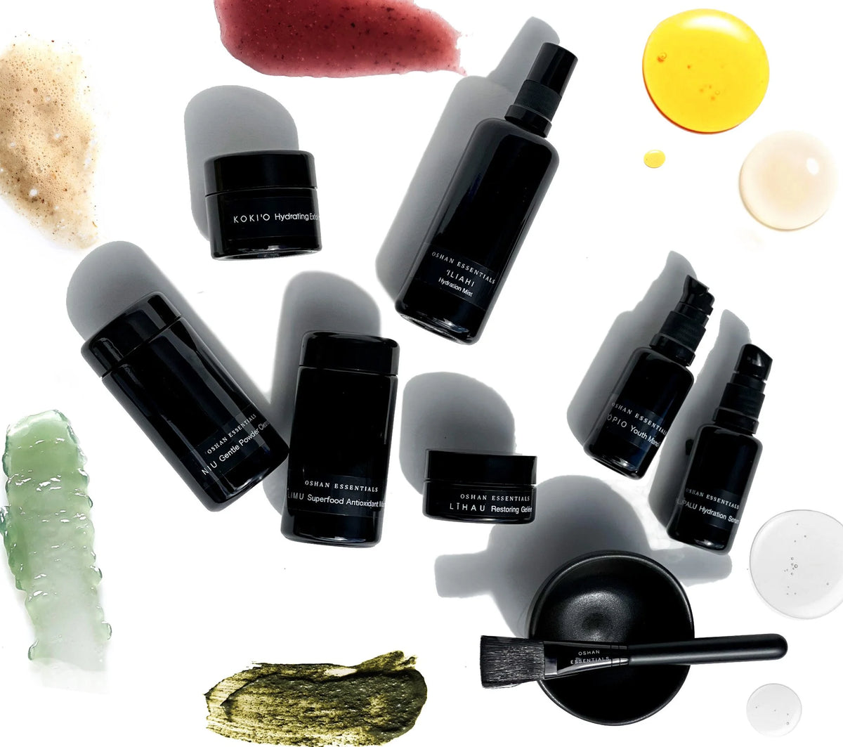 The restoring direction of the OSHAN Full Facial Ritual Set with its bottles, jars and texture swatches.