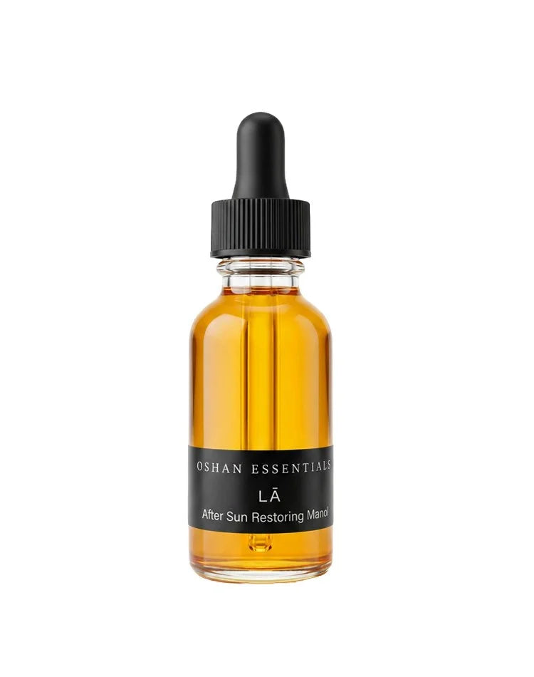 OSHAN LĀ Soothing After Sun Manoʻi in its amber dropper bottle on white.