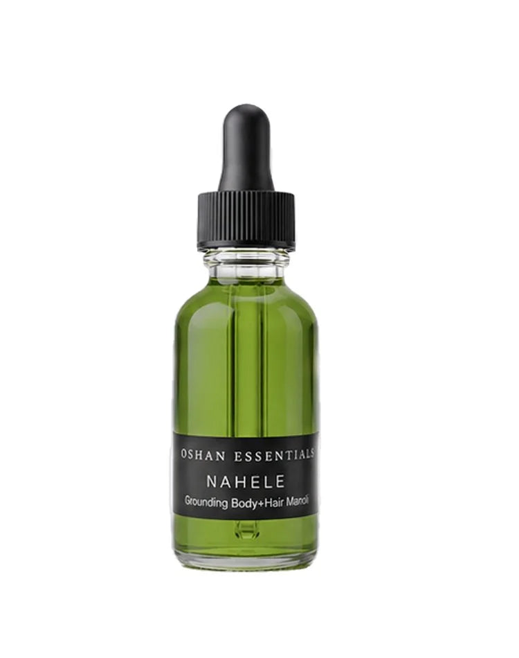 OSHAN NAHELE Grounding Body and Hair Manoʻi in its green dropper bottle on white.