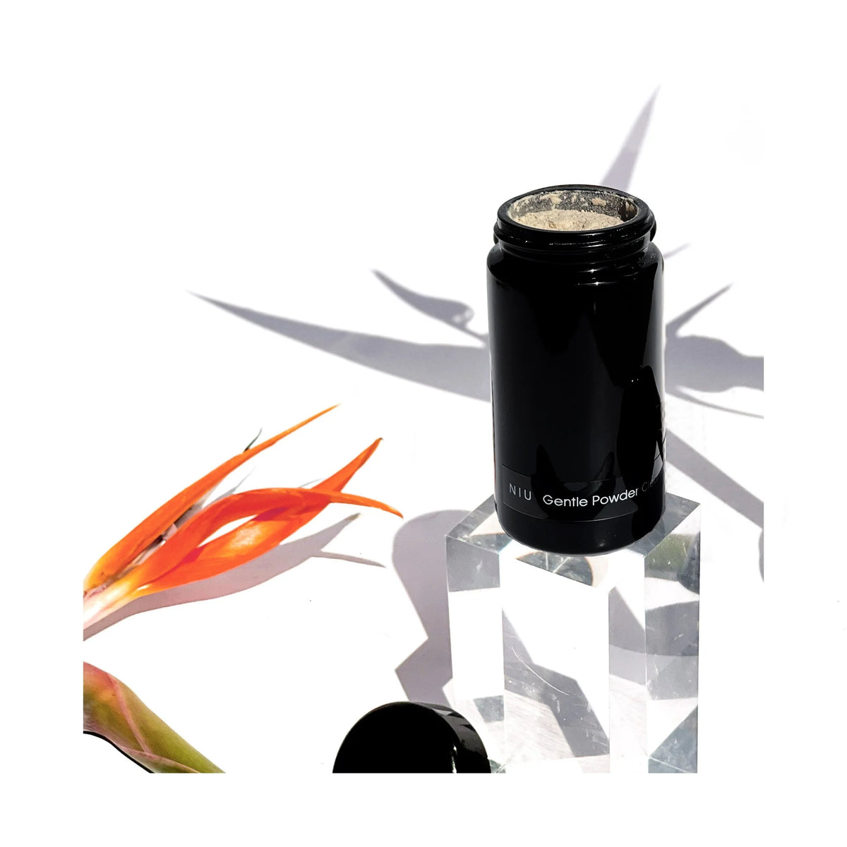 Open bottle of OSHAN NIU Cleansing Powder with a bird of paradise flower.