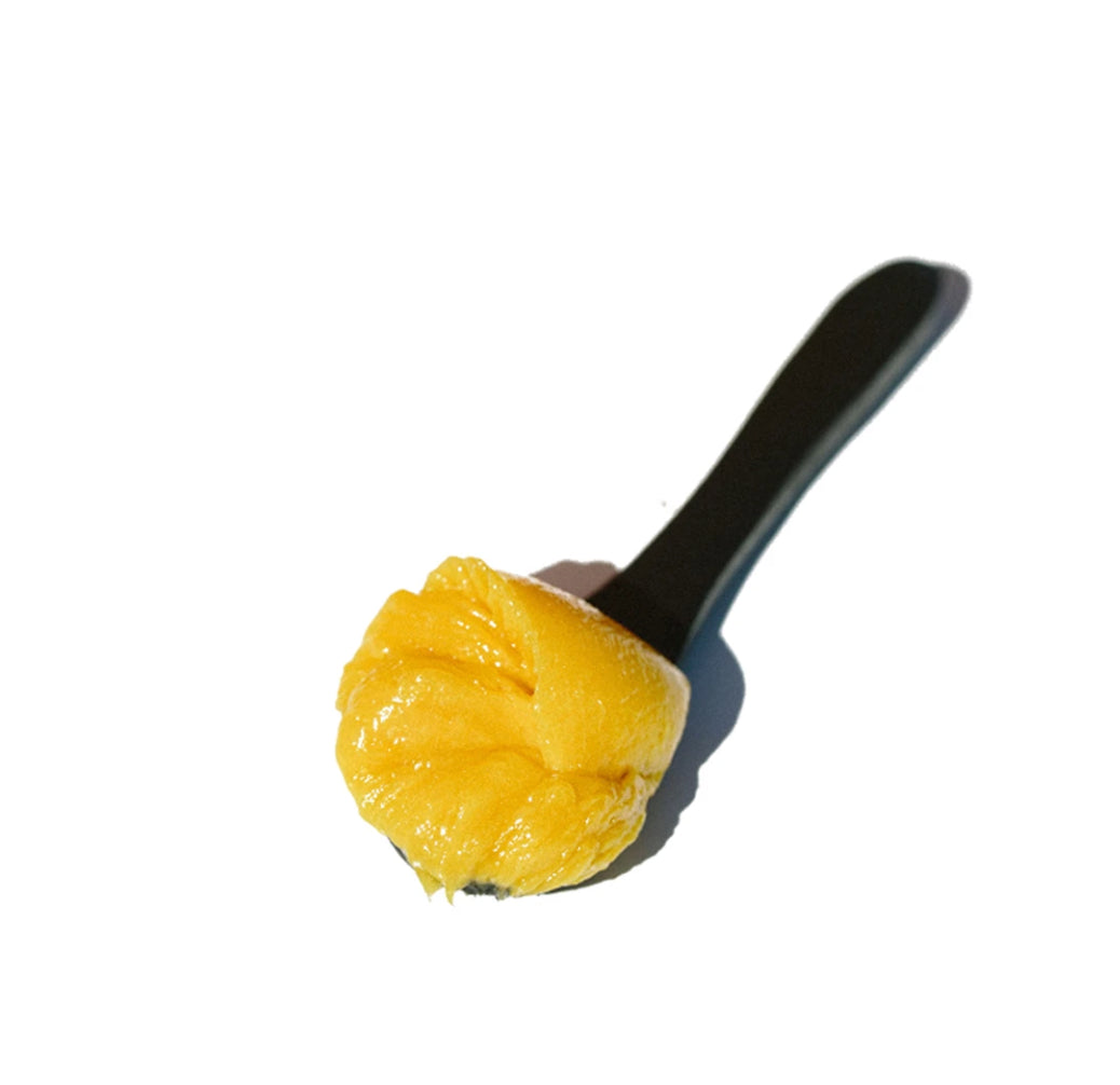OSHAN ʻŌLENA Body Bliss Balm scooped onto a black spoon.