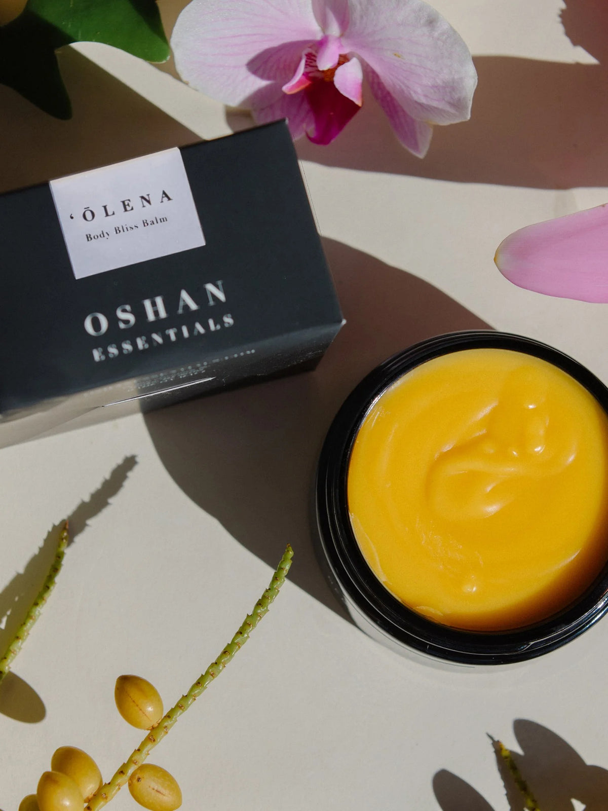 Open jar of OSHAN ʻŌLENA Body Bliss Balm with its box and orchids.