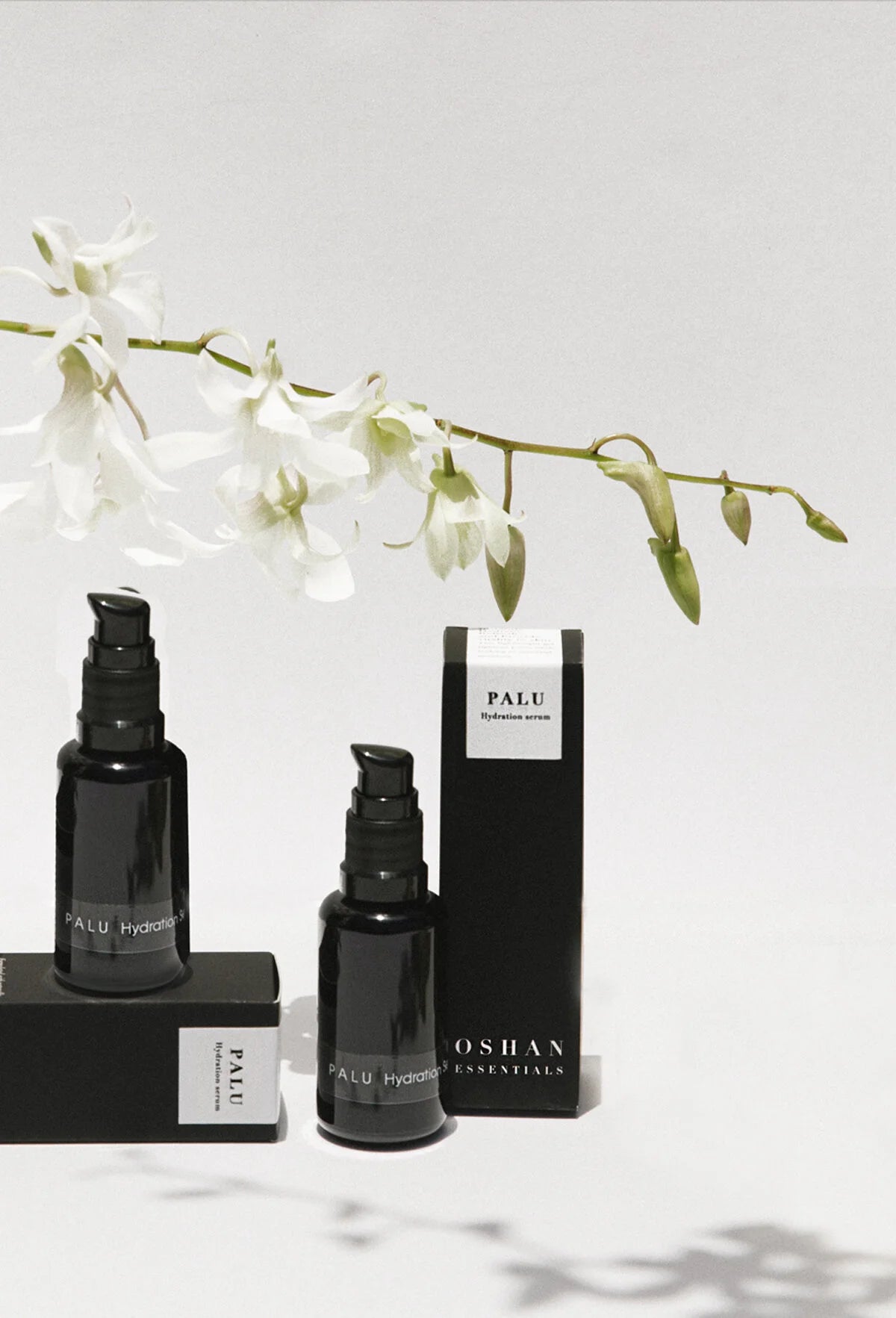OSHAN PALUPALU Hydration Serum bottles and boxes under a branch of white orchids.