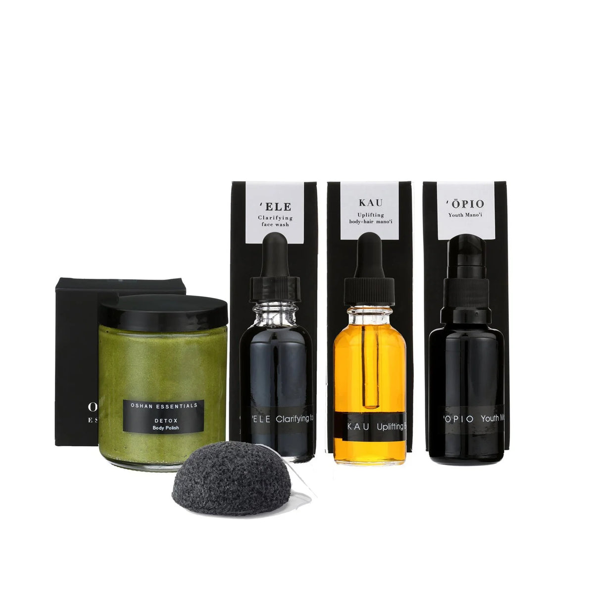 The OSHAN SPA Set with its body polish jar, face wash, body oil, face oil, boxes and konjac sponge.