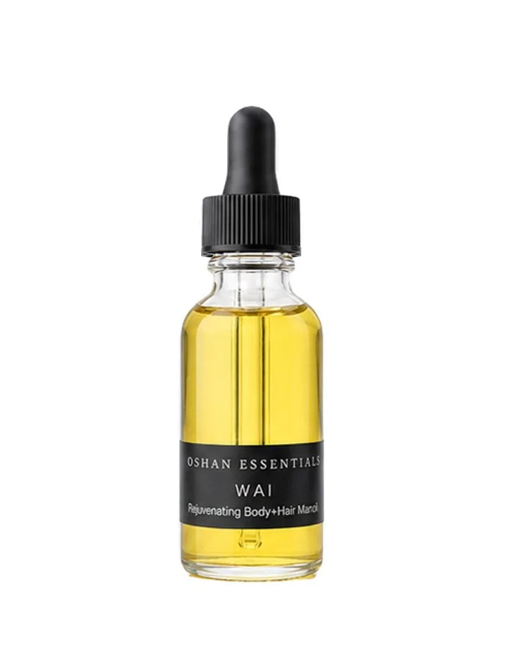OSHAN WAI Invigorating Hair and Body Manoʻi in its dropper bottle on white.